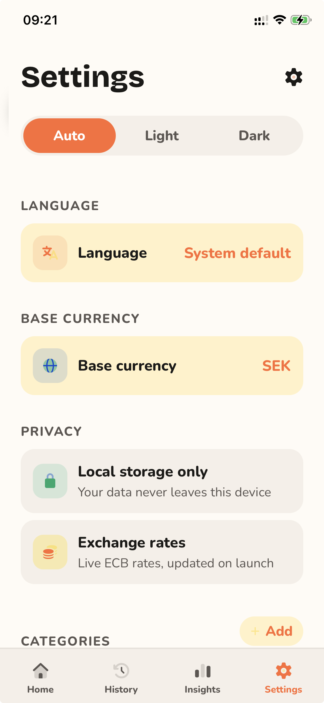 Utgift settings screen
